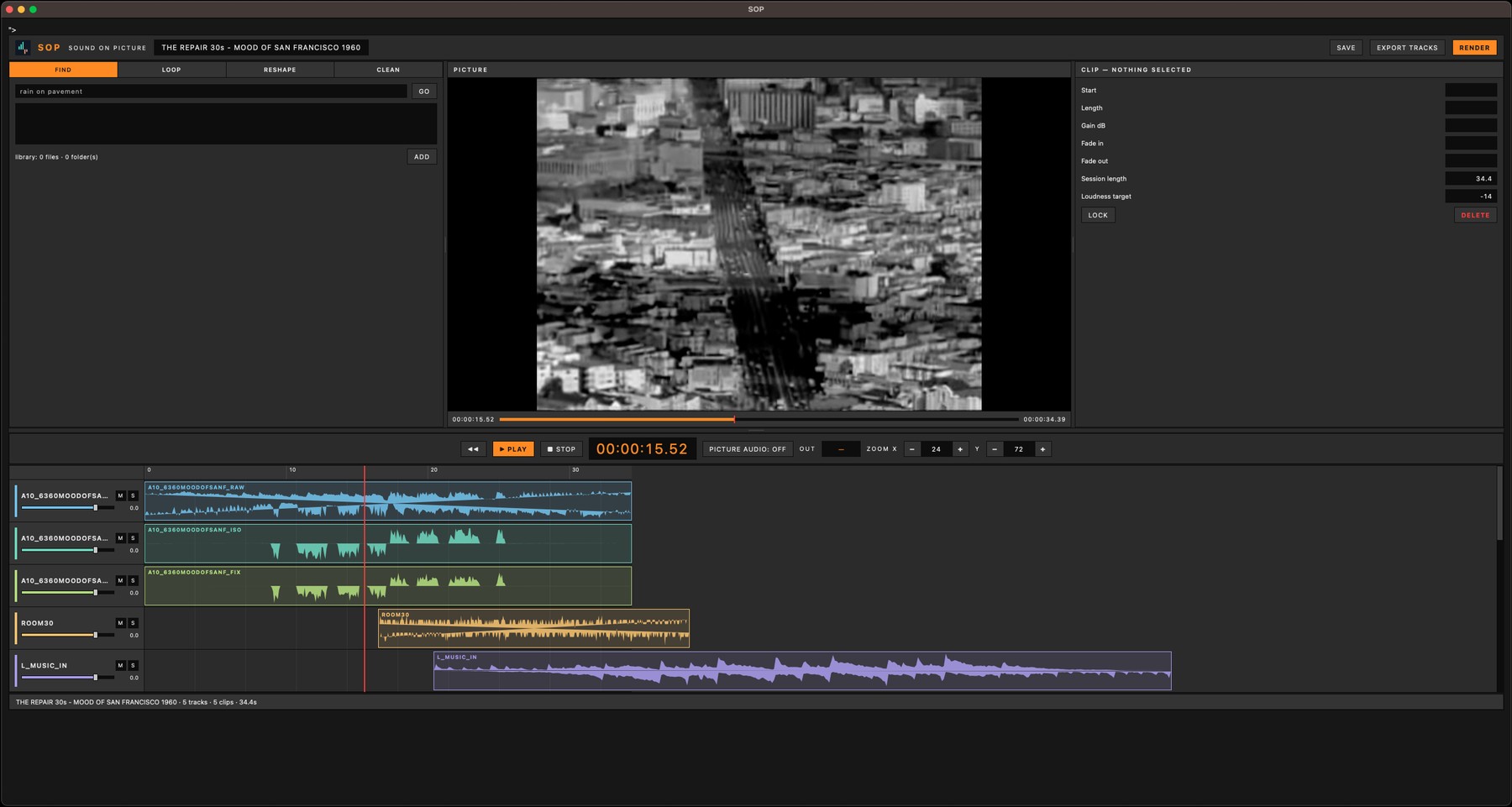 The SOP window: transport across the top, sound library on the left, the picture locked to 16:9 in the middle, clip settings on the right, and five tracks of waveforms along the bottom.